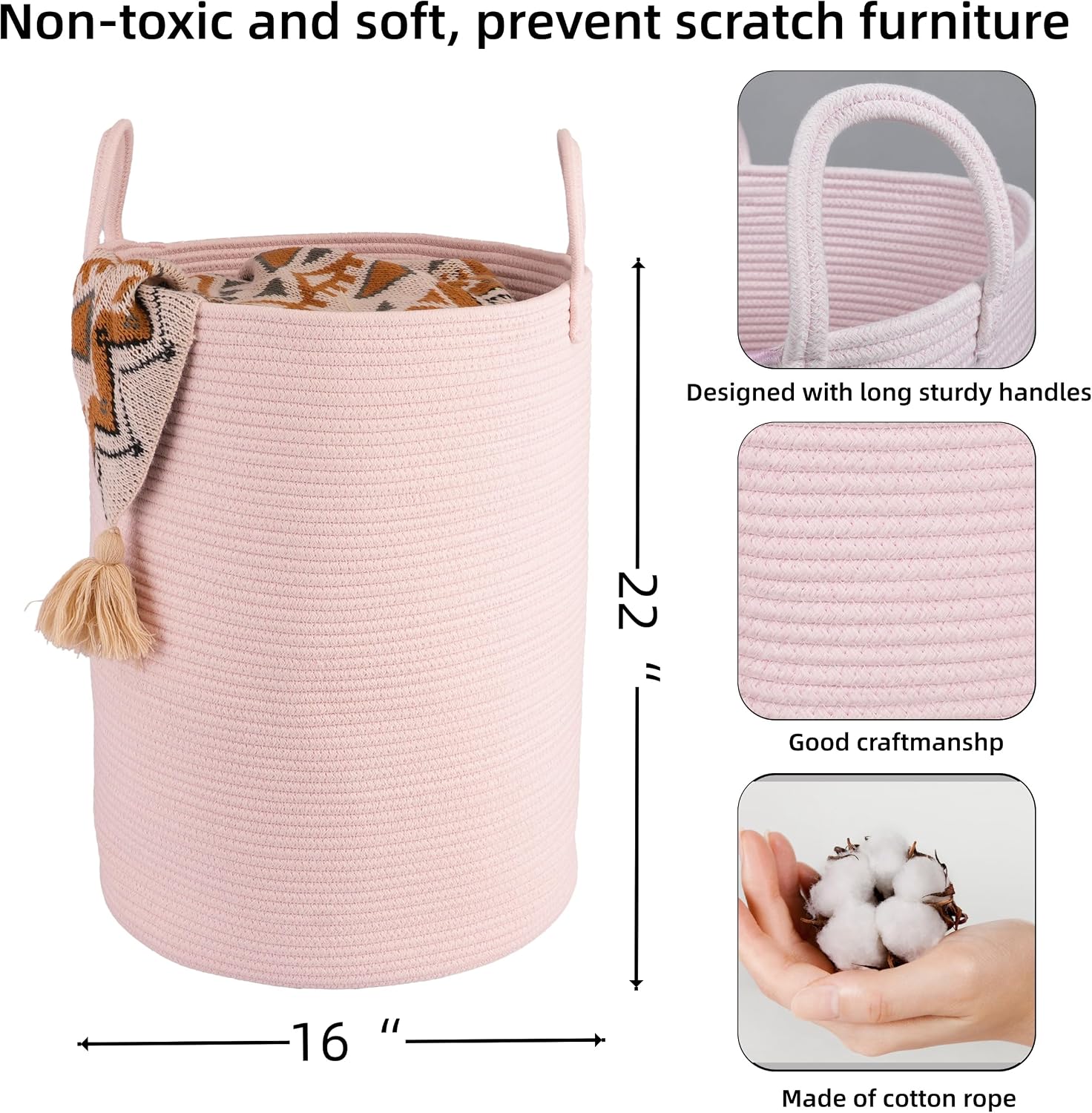 XUANGUO Cotton Rope Laundry Basket Hamper for Clothes Large Light Pink