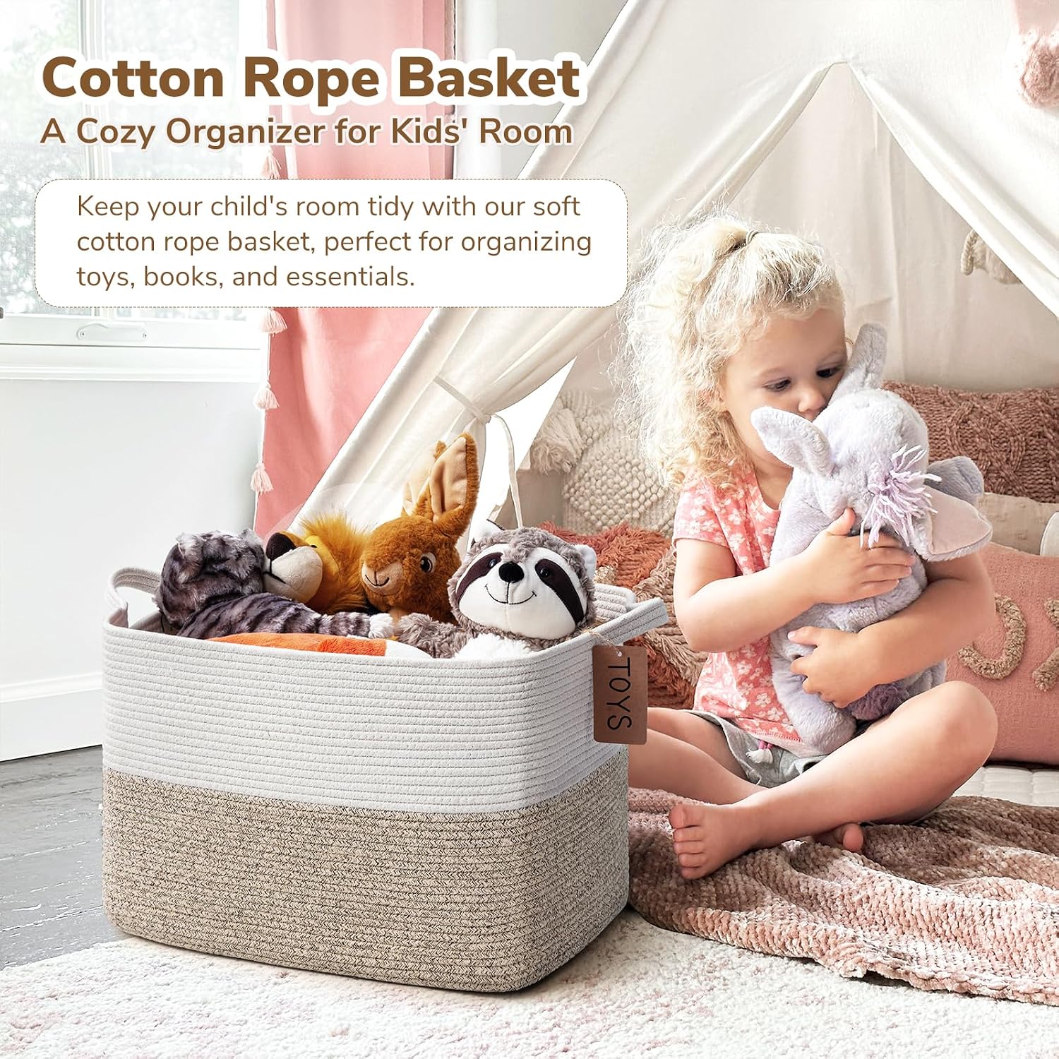 Goodpick 50L Large Woven Rope Storage Basket, Rectangle, Light Brown