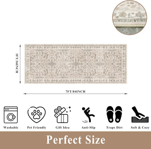 3x7 Washable Non-Slip Kitchen Runner Rug – Soft Low-Pile Stain-Resistant Carpet for Hallway Entryway Bedroom Laundry Room Bathroom – Boho Floral Wide Floor Runner with Rubber Backing (Beige,3x7)