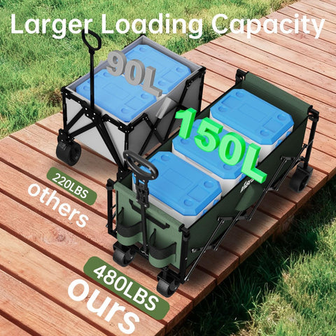 34" Extra Long Collapsible Wagon Cart, 480LBS Capacity, Army Green