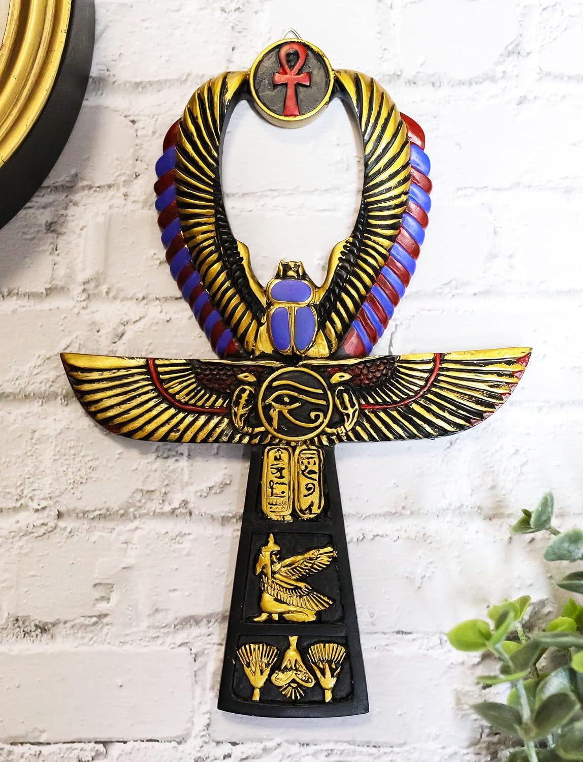 Ebros Crux Ansata Egyptian Golden Ankh With Winged Scarab Maat And Eye Of Horus Wedjat Wall Decor 3D Plaque Figurine 8" High New Age Hieroglyphs Symbol of Life Health And Balance Decorative Accent