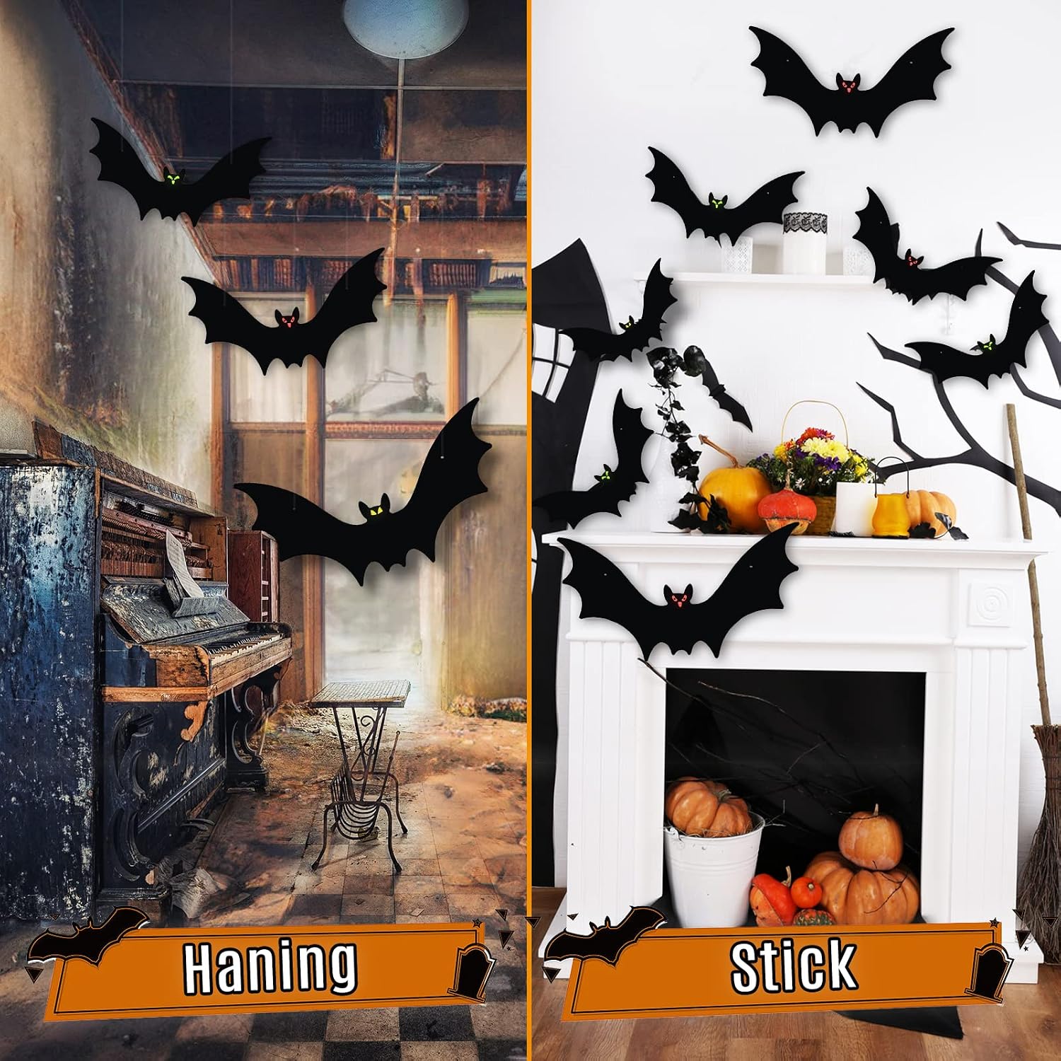 Hanging Bats Halloween Decorations 12pcs 3D Realistic Halloween Hanging Flying Bat with Glowing Eyes for Outdoor (3 Styles)
