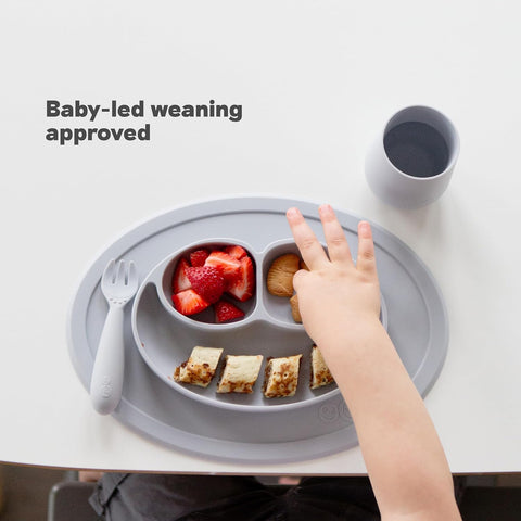 ezpz Mini Mat (Blue) - 6 -12 Months+ - 100% Silicone Suction Placemat + Divided Plate with Three Compartments - Supports Baby-Led Weaning - Designed for Highchair, Table, and Travel