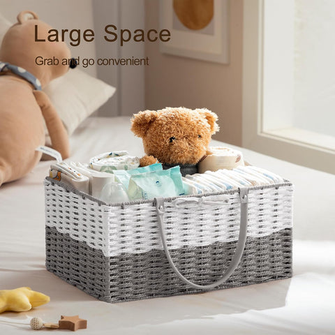 HBlife Large Baby Diaper Caddy Organizer, Paper Rope Storage Baskets Nursery Bin with Removable Divider, Portable Car Organizer for Diapers, Baby Shower Gifts, Newborn Essentials Must Haves