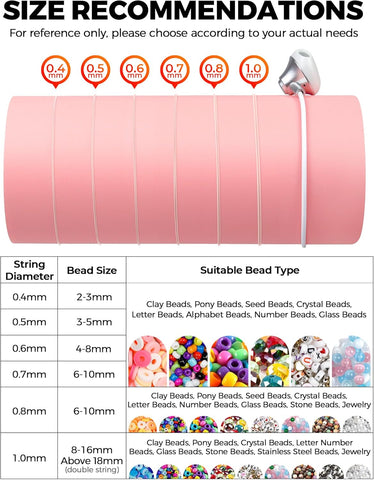 6 Rolls FIVEIZERO Elastic Bracelet String Cord, 0.4mm, 0.5mm, 0.6mm, 0.7mm, 0.8mm, 1mm Crystal Clear Stretchy Elastic Bead String for Bracelets, Jewelry Making and Clay Pony Seed Stone Beads Beading