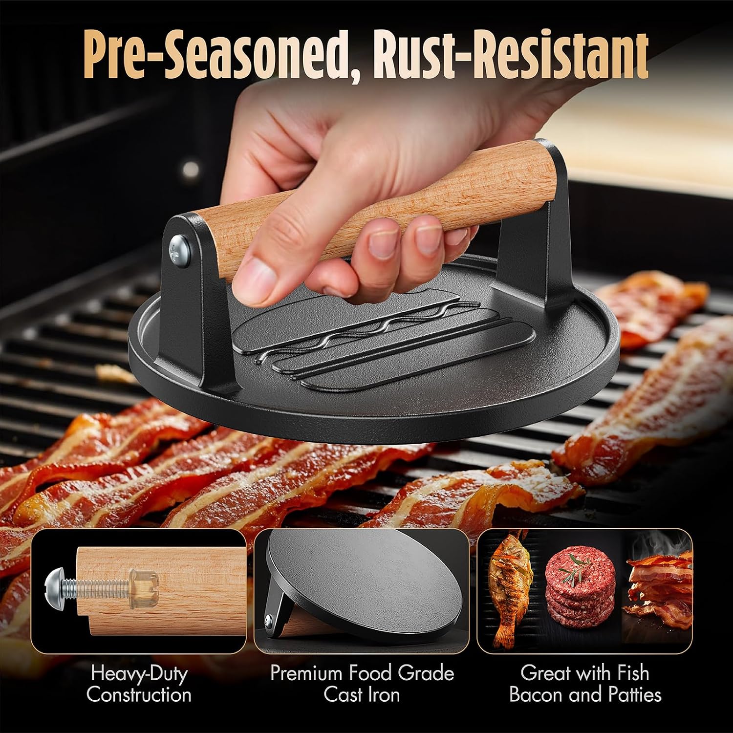 Pisol Smash Burger Press, Cast Iron Steak Weight Meat Patty Press Tool