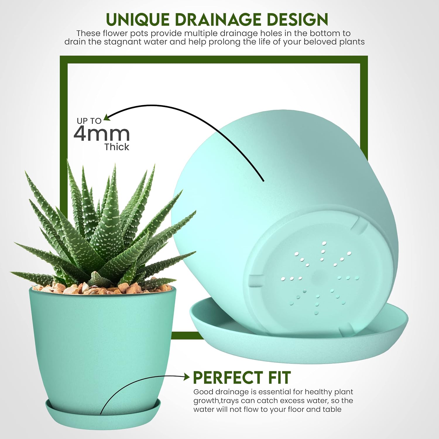 Plant Pots Indoor with Drainage, 5 Pack Multi-Size Planters Set, Aqua
