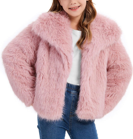 Flygo Girls Faux Fur Coat Fluffy Open Front Winter Shaggy Jackets 5-14Y
