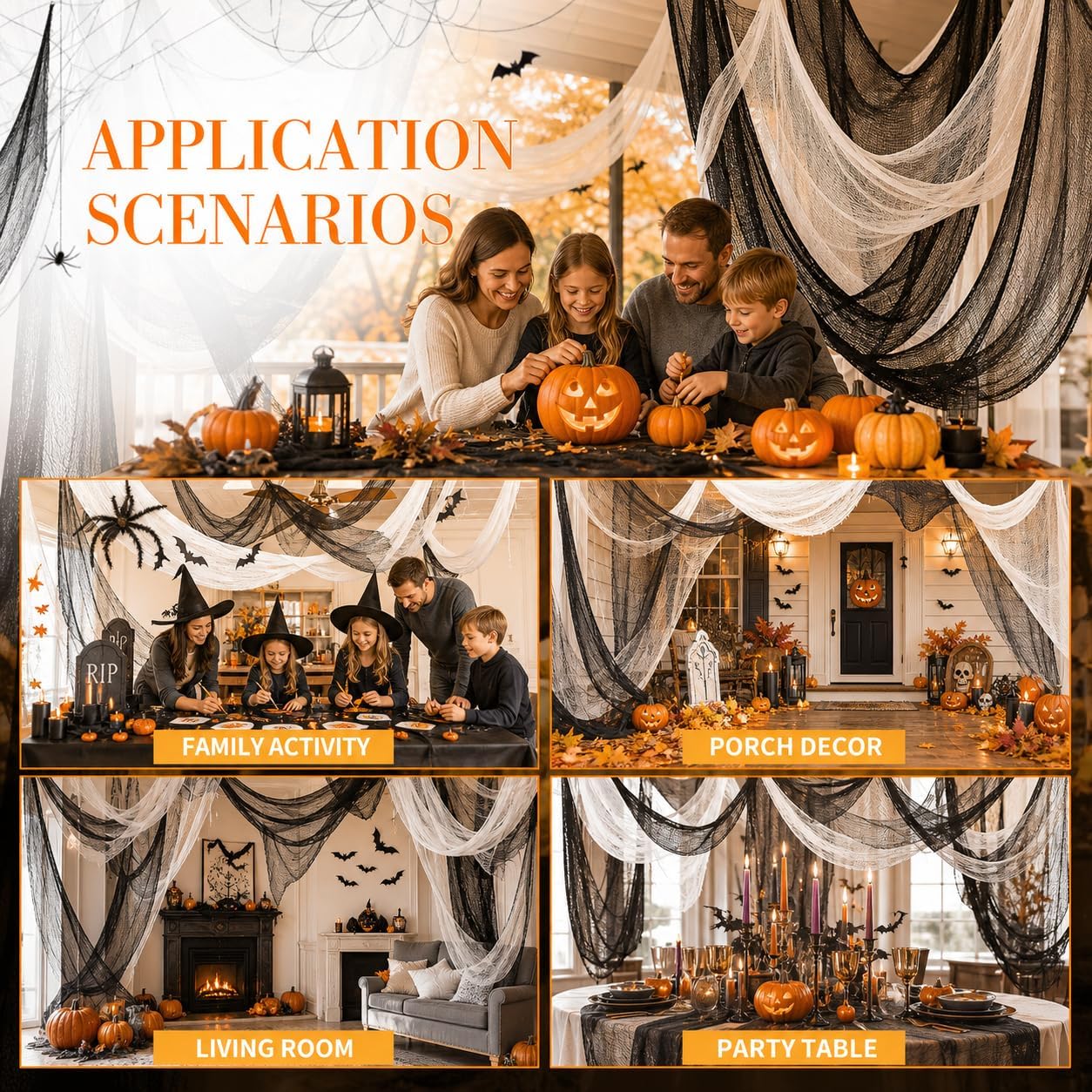 Land Guard 6Pcs Halloween Gauze Cloth, Creepy Cloth, 30×72 Inch Creepy Fabric Halloween for Haunted House Supplies, Party Outdoor, Indoor (4 Black+2 White)