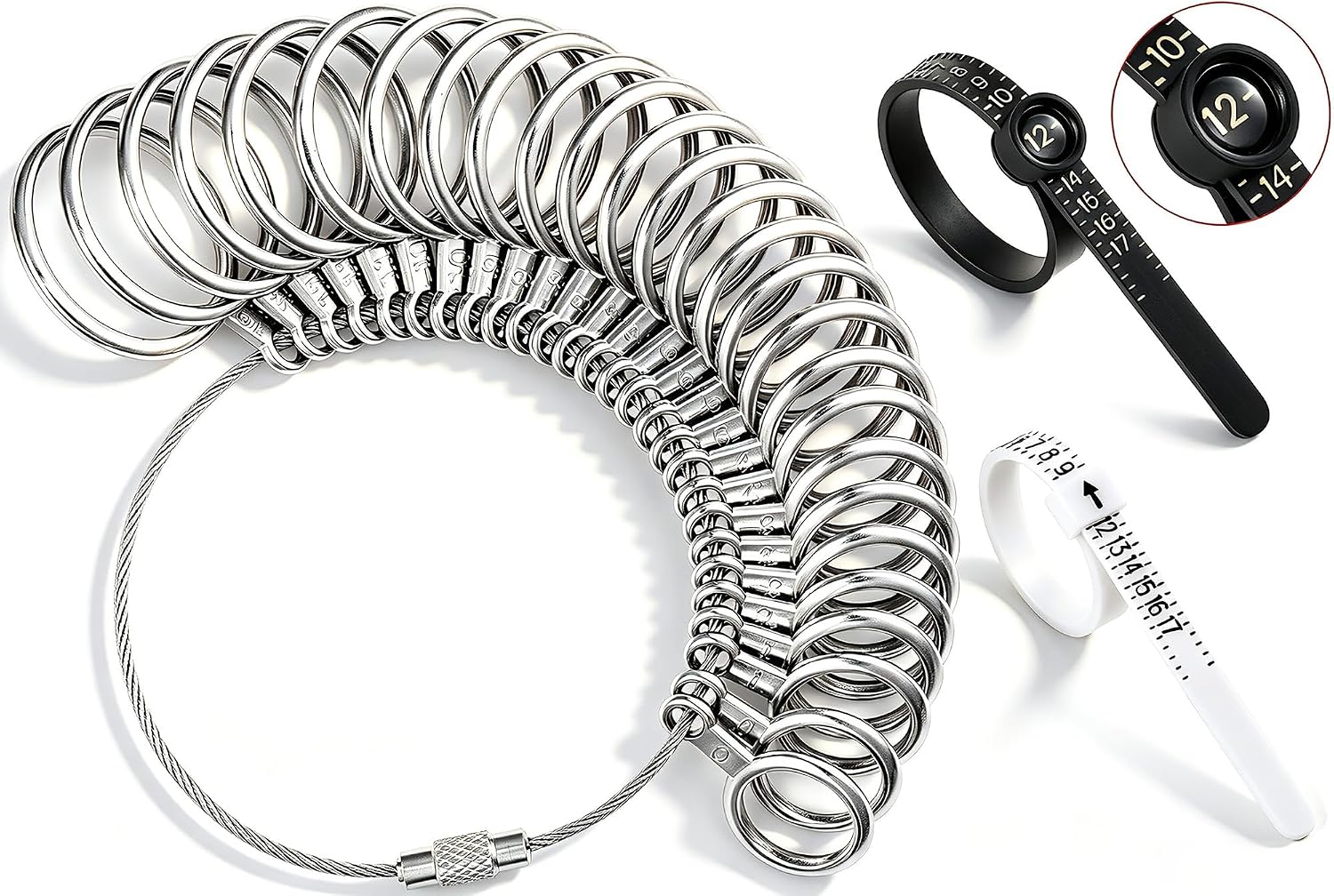 Bflaae Ring Sizer Measuring Tool Kit, 27 PCS Stainless Steel Measuring Ring Tool, US Ring Size 0-13 with Half Size, 2 PCS Reusable Finger Size Tape with Magnified Glass 1-17 USA Rings Size