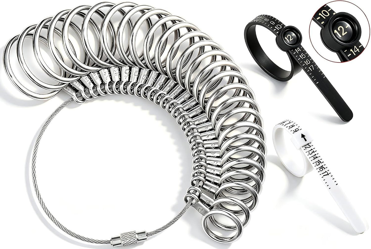 Bflaae Ring Sizer Measuring Tool Kit, 27 PCS Stainless Steel Measuring Ring Tool, US Ring Size 0-13 with Half Size, 2 PCS Reusable Finger Size Tape with Magnified Glass 1-17 USA Rings Size