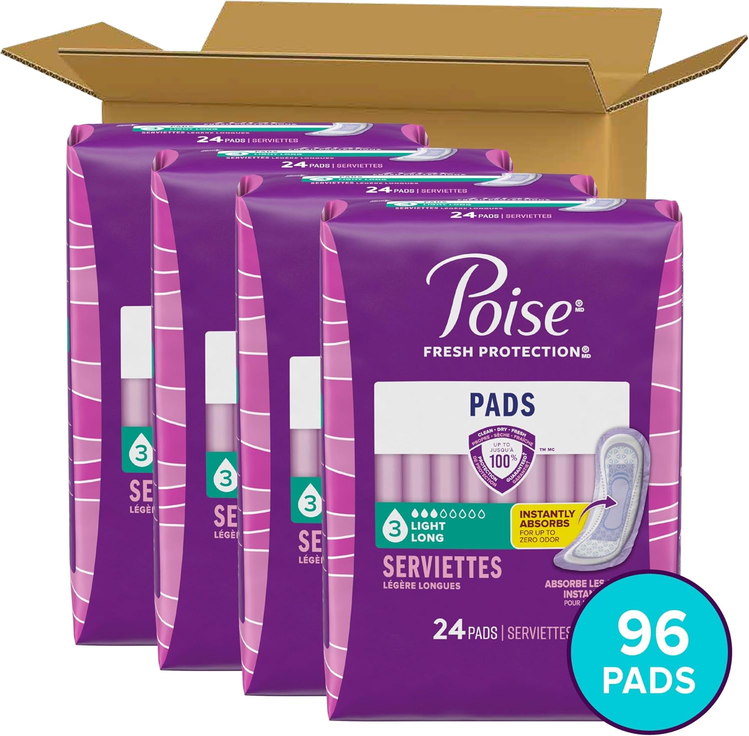 Poise Incontinence Pads for Women, 3 Drop, Long, 96 ct