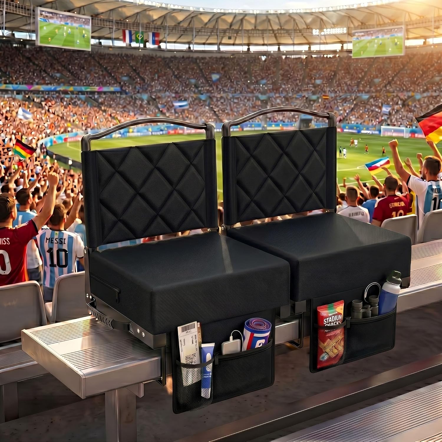 Stadium Seats with Back Support and Cushion Thick Padded Bleacher Chairs with Shoulder Strap, Portable Folding Stadium Seat Chairs for Bleachers Include Cup Holder and Side Pocket (Blcak, 2pcs)