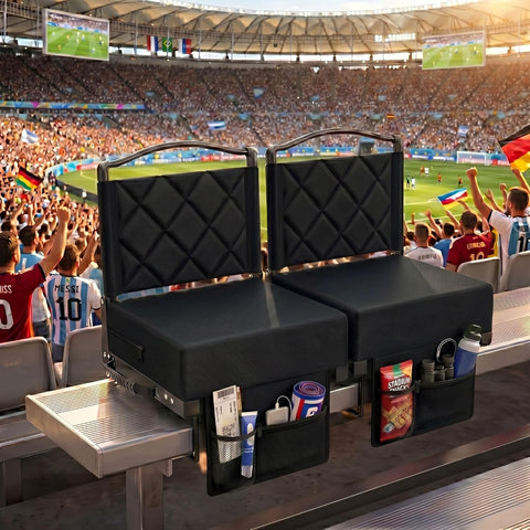 Stadium Seats with Back Support and Cushion Thick Padded Bleacher Chairs with Shoulder Strap, Portable Folding Stadium Seat Chairs for Bleachers Include Cup Holder and Side Pocket (Blcak, 2pcs)