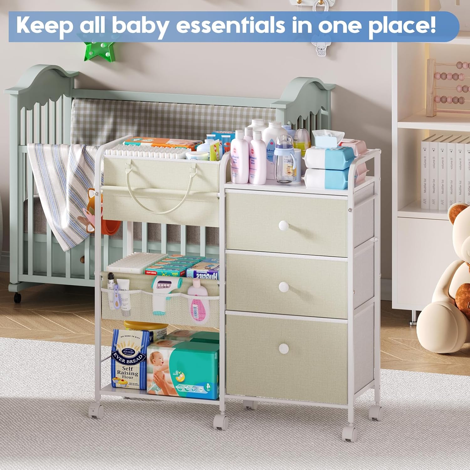 Cidaziya 2In1 Baby Diaper Caddy Organizers and Storage, 3 Tier Rolling Cart with Dividers and Drawers, Mobile Utility Cart Baby Dresser Clothes Organizer for Changing Table, Crib Nursery, Bedroom