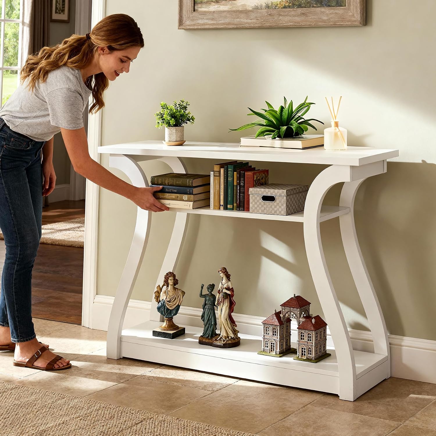 SUPER DEAL 47 in Narrow Console Table, 3 Tier Entryway Table, Wood Sofa Table Decorative Hallway Table with Shelves, Curved Frame for Living Room Front Door Entrance (White, Flat Surface)