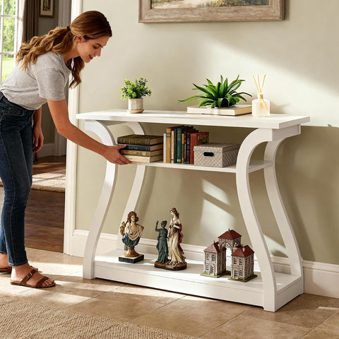SUPER DEAL 47 in Narrow Console Table, 3 Tier Entryway Table, Wood Sofa Table Decorative Hallway Table with Shelves, Curved Frame for Living Room Front Door Entrance (White, Flat Surface)
