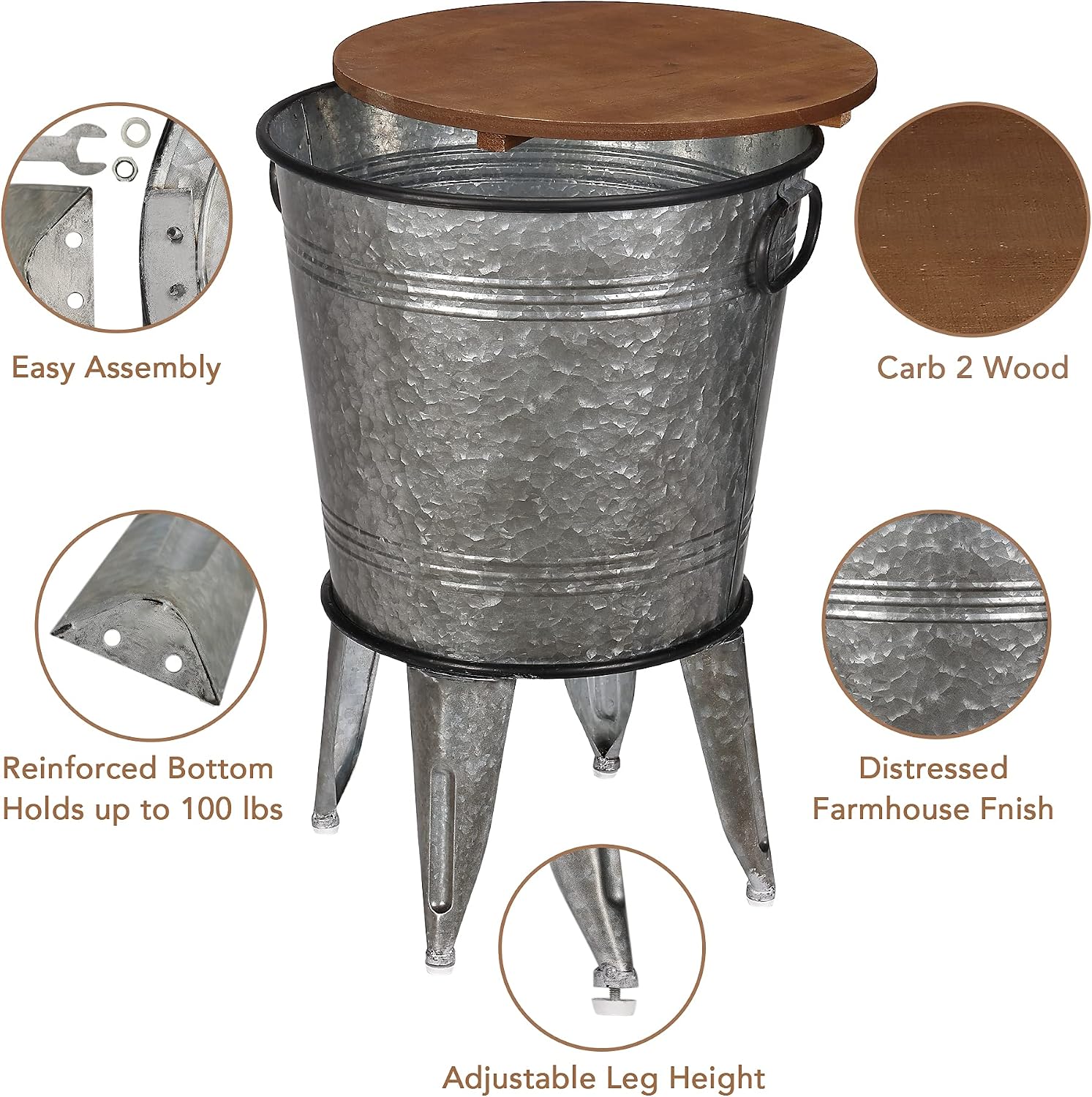 RUSTOWN Farmhouse Side Tables Set of 2, Galvanized Metal Bucket End Table