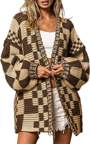 SELINK Women's Chunky Cardigan Sweater Colorful Checkered