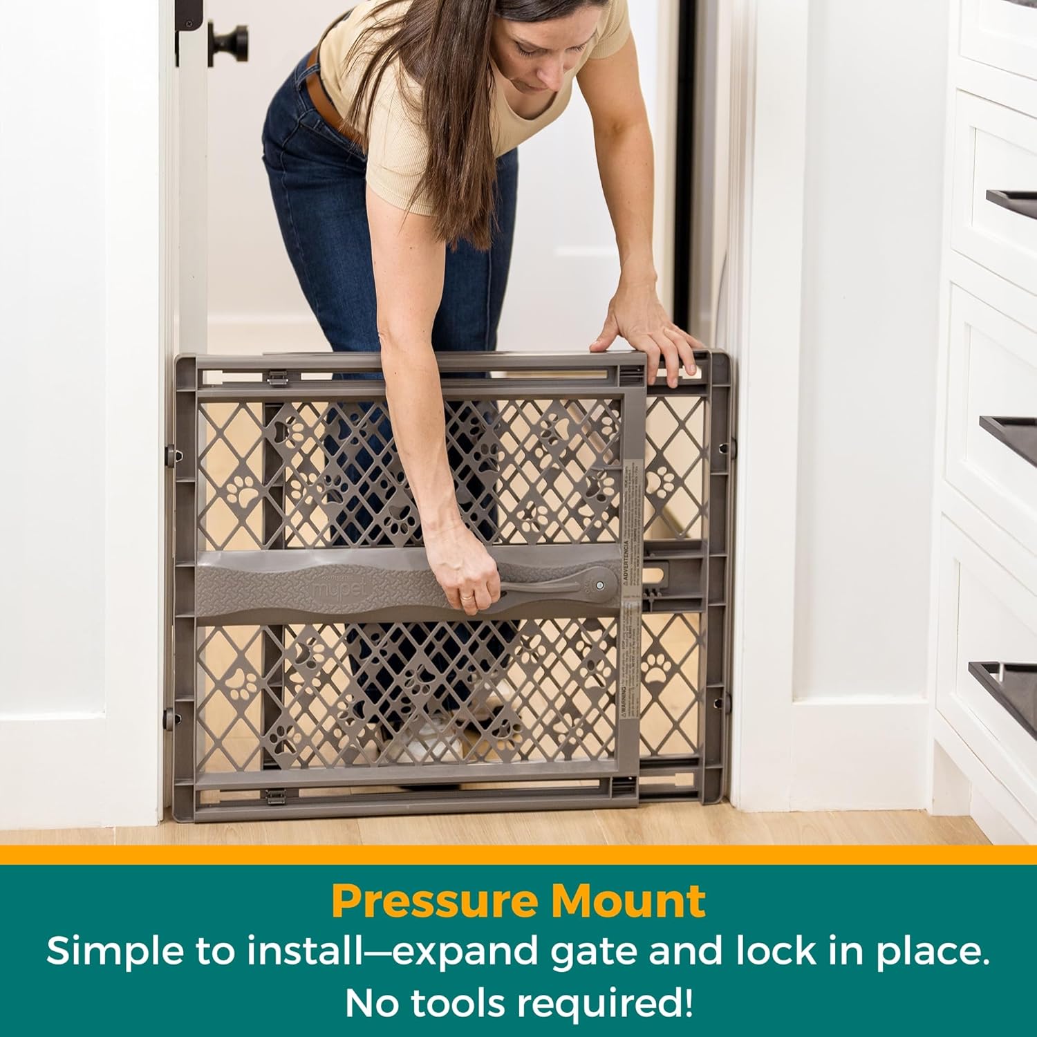 MYPET Paws Portable Pet Gate: 26-40" Wide Expandable, Pressure Mounted No Tools Needed, Durable Dog Gate for Doorways, Made in USA, 23" Tall, Fieldstone Gray