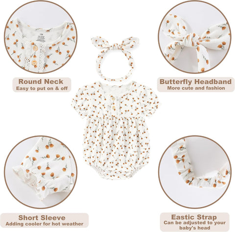 MAMIMAKA Newborn Baby Girl Clothes Cotton Bubble Romper Floral Short Sleeve Bodysuit 3 Pack