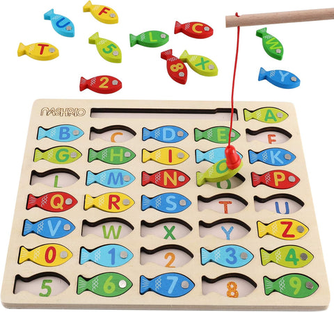 Magnetic Wooden Fishing Game Toy for Preschoolers, Alphabet Fish Catching Counting Games Puzzle with Numbers and Letters, Preschool Learning ABC and Math Educational Toys for 3 4 5 Years Old Kids