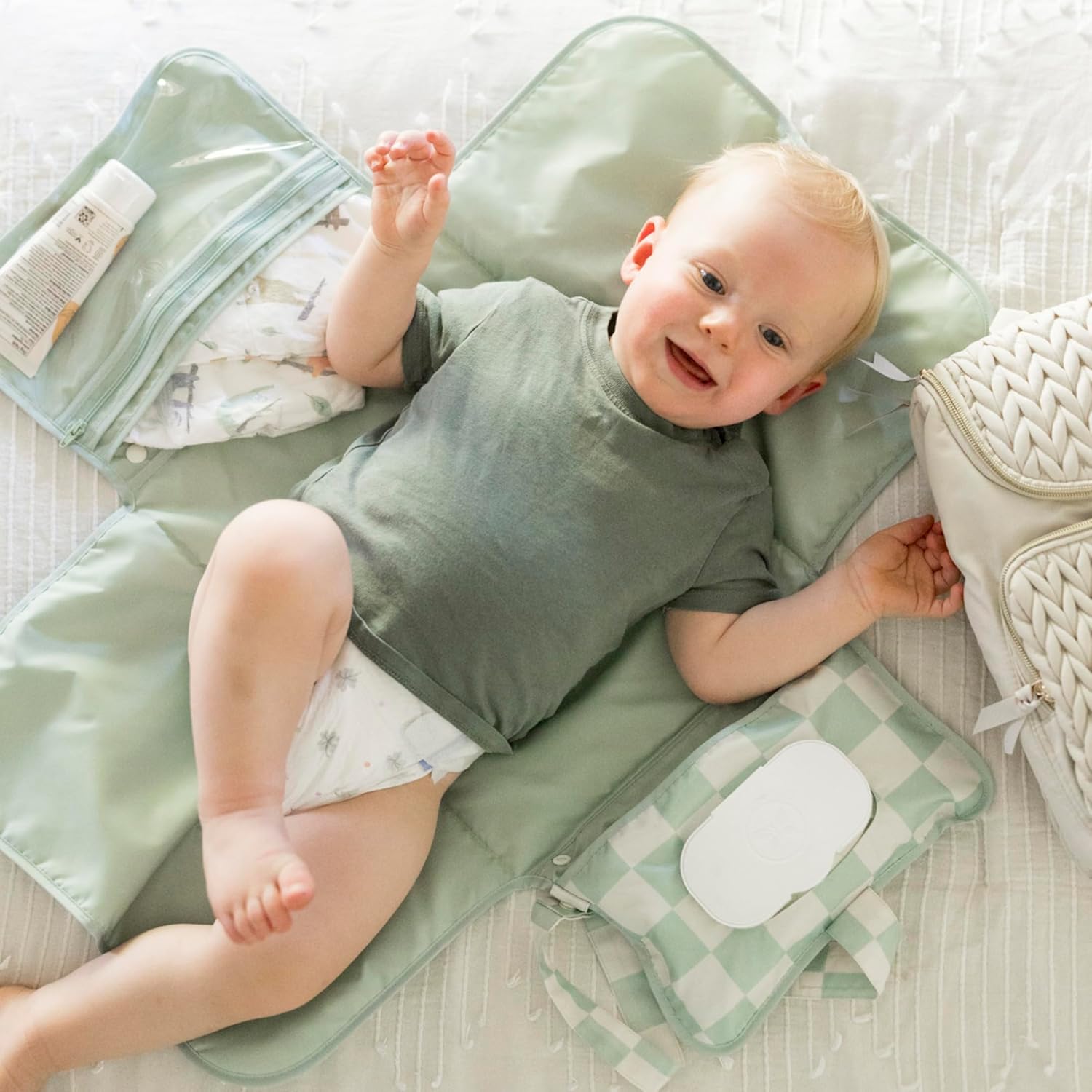 Tiny Twinkle Portable Diaper Changing Pad | Waterproof (Sage Checkers)