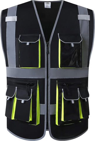 JKSafety Hi Vis Safety Vest for Men Women WIth 10 Pockets JK88 Black 2XL