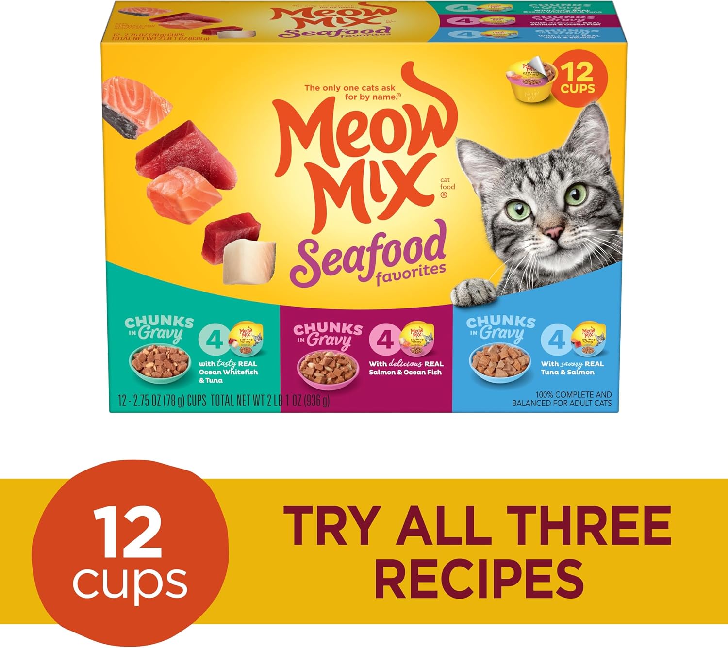 Meow Mix Seafood Favorites, Wet Food Variety Pack, 12 Cups