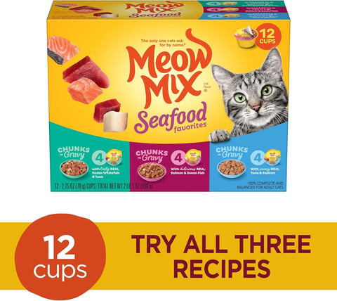 Meow Mix Seafood Favorites, Wet Food Variety Pack, 12 Cups
