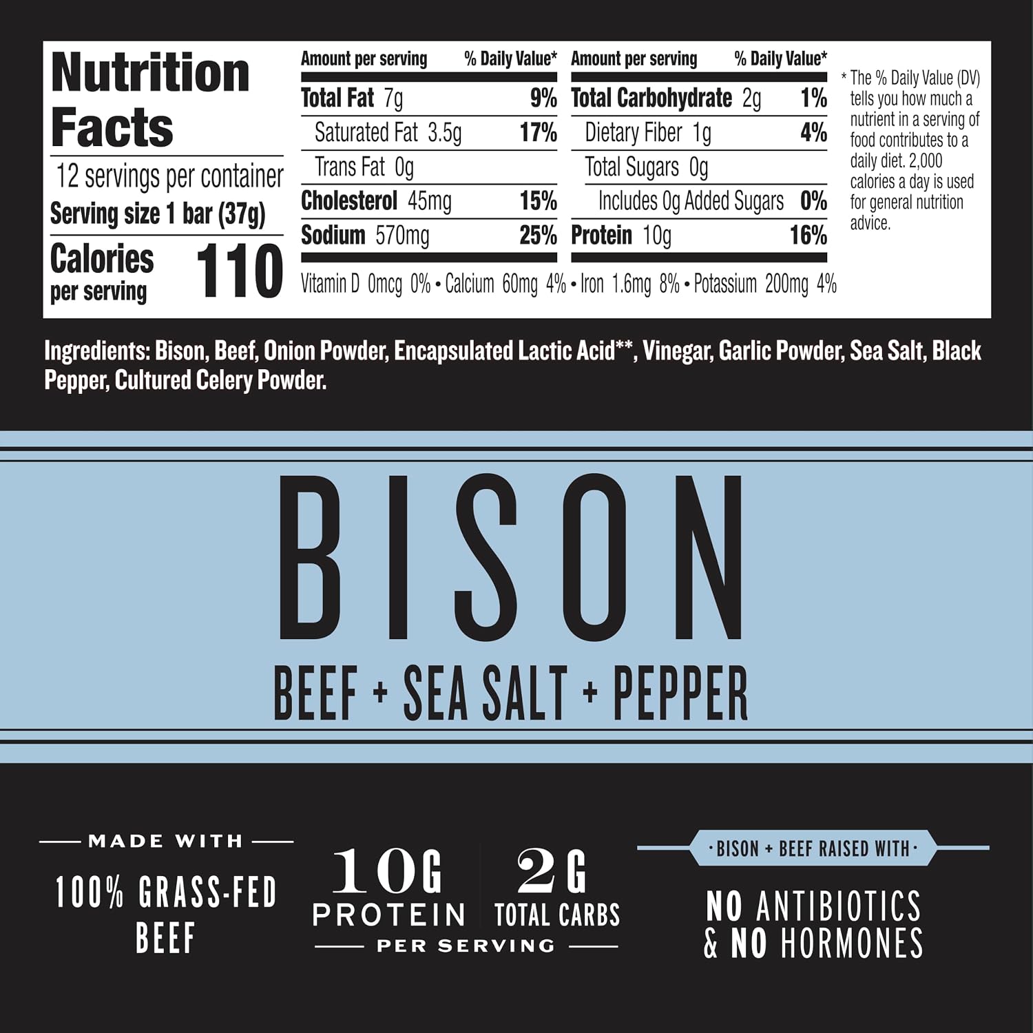 EPIC Provisions Bison Beef Sea Salt & Pepper Bars, Gluten-Free, 12 ct | 100% Grass-Fed Bison & Beef Blend, Paleo Friendly, 10g Protein & 2g Carbs per Bar, Low Sugar