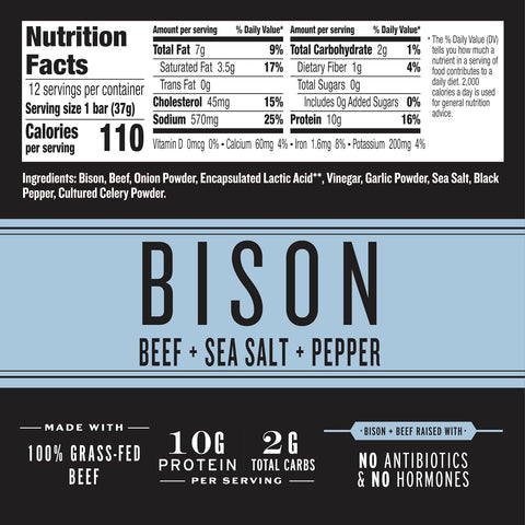EPIC Provisions Bison Beef Sea Salt & Pepper Bars, Gluten-Free, 12 ct | 100% Grass-Fed Bison & Beef Blend, Paleo Friendly, 10g Protein & 2g Carbs per Bar, Low Sugar