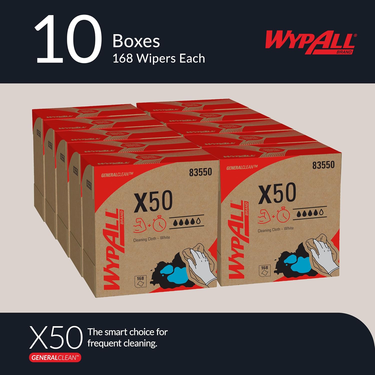 WypAll GeneralClean X50 Cleaning Cloths, 10 x 168 Towels (83550)