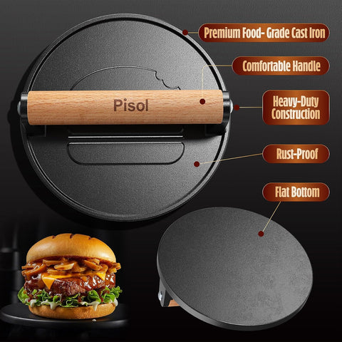 Pisol Smash Burger Press, Cast Iron Steak Weight Meat Patty Press Tool