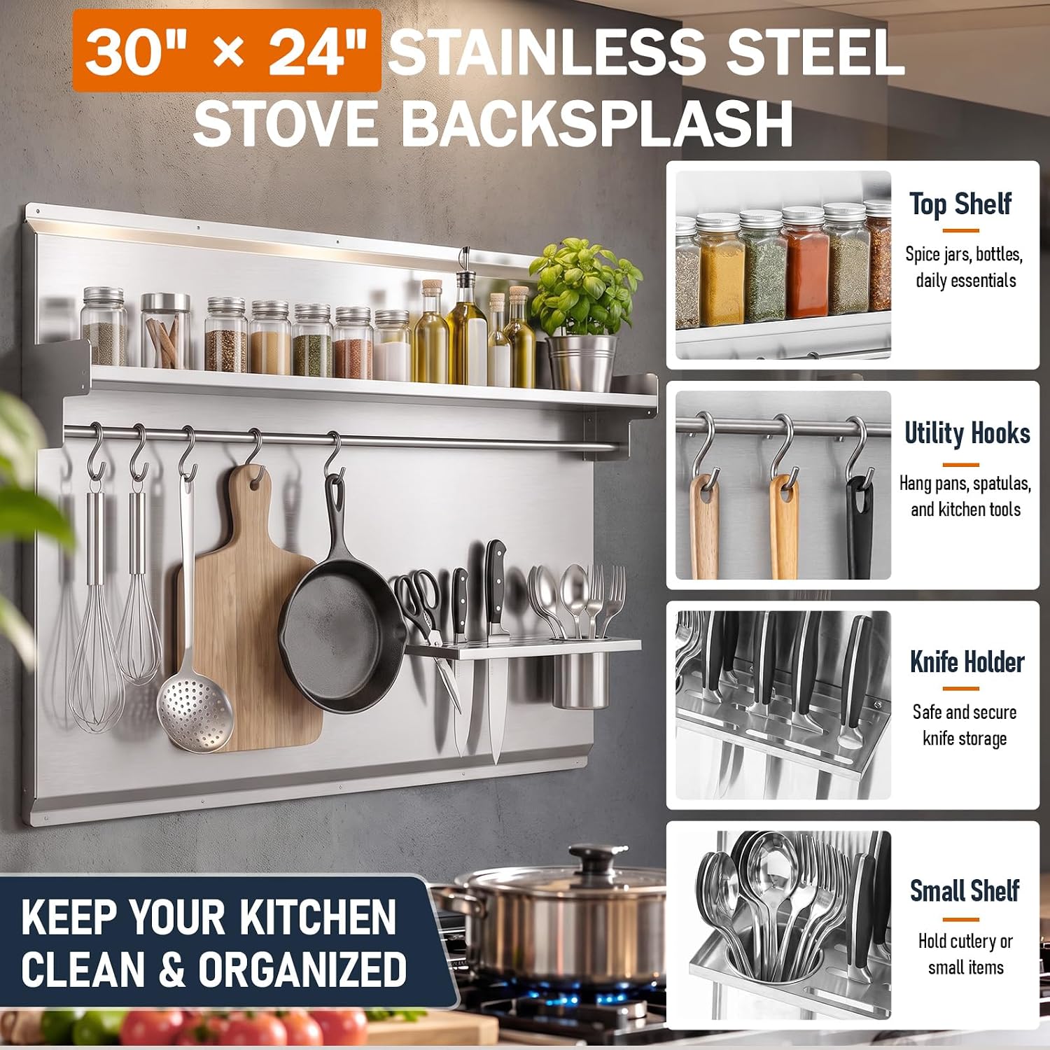 Geetery 30 x 24 Inch Stainless Steel Stove Backsplash with Shelf Knife Rack