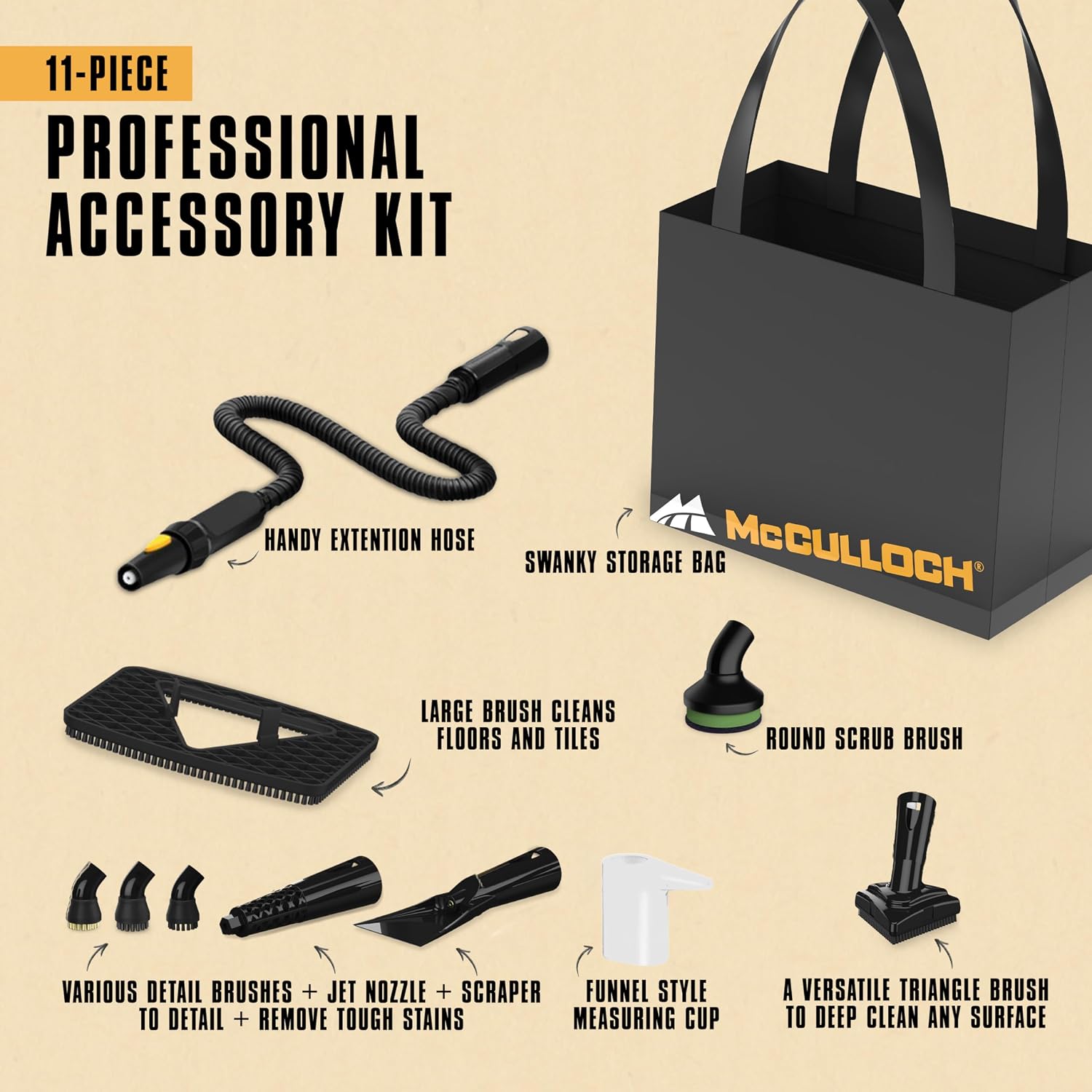 McCulloch MC1230 Handheld Steam Cleaner, 11 Accessories, 10 Min Runtime