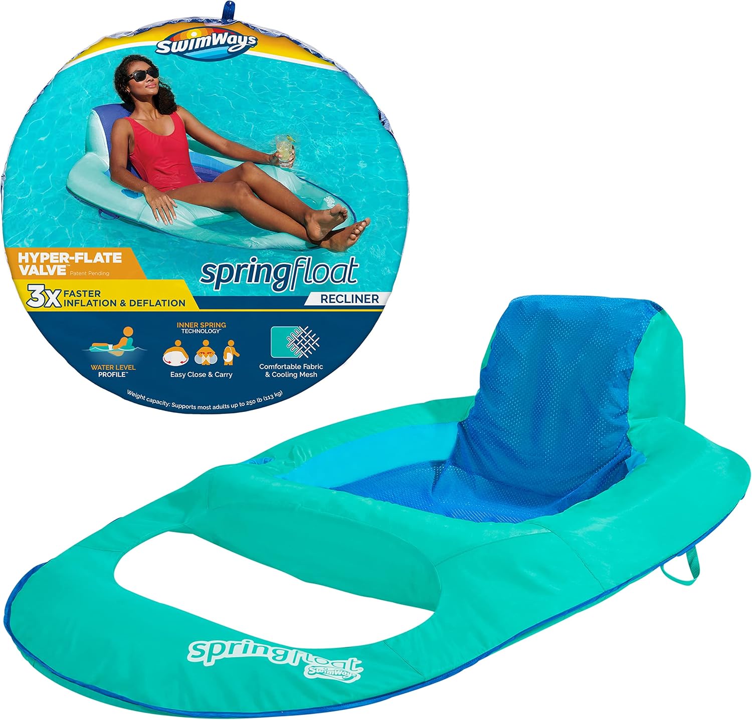 SwimWays Spring Float Recliner Chair for Swimming Pool, Inflatable Pool Floats Adult with Fast Inflation, Cup Holder & Foot Rest for Ages 15 & Up, Aqua