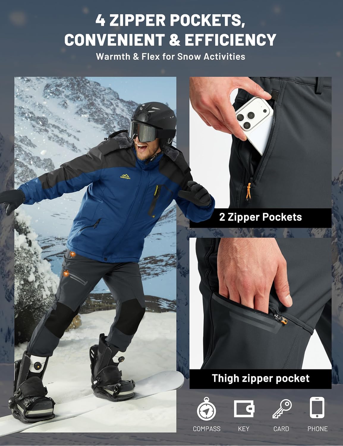 TACVASEN Men's Snow Ski Pants Fleece Lined Winter Insulated Hiking Work