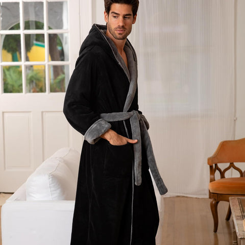 Men's Plush Fleece Hooded Robe with Pockets, Long Bathrobe