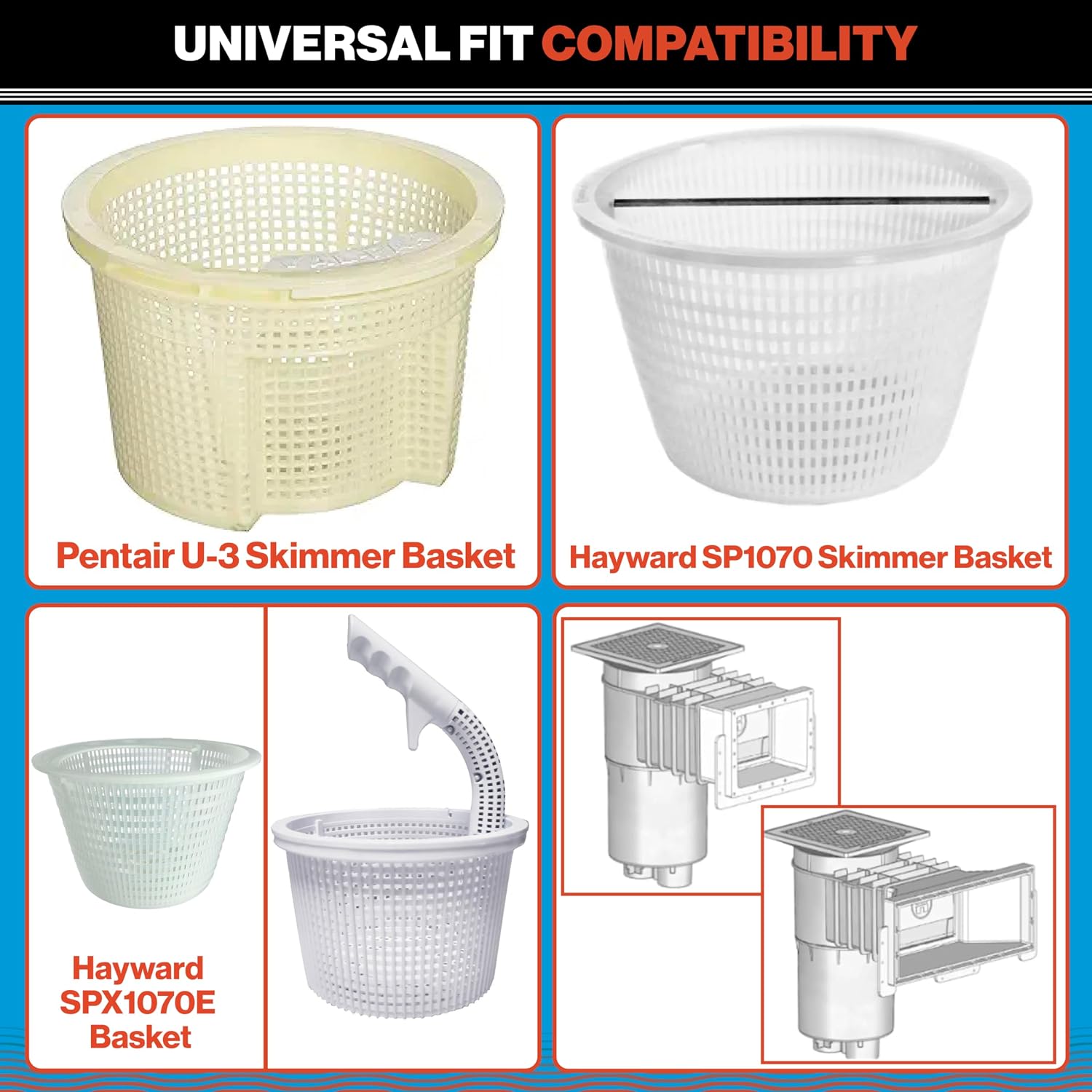 Swimables 8" Pool Skimmer Basket for Inground Pools - Compatible with Pentair U-3 Skimmer Basket 08650-0007 & Hayward SP1070, SPX1070E Pool Basket with Built-in Brass Weight, Handle & Rubber Grip
