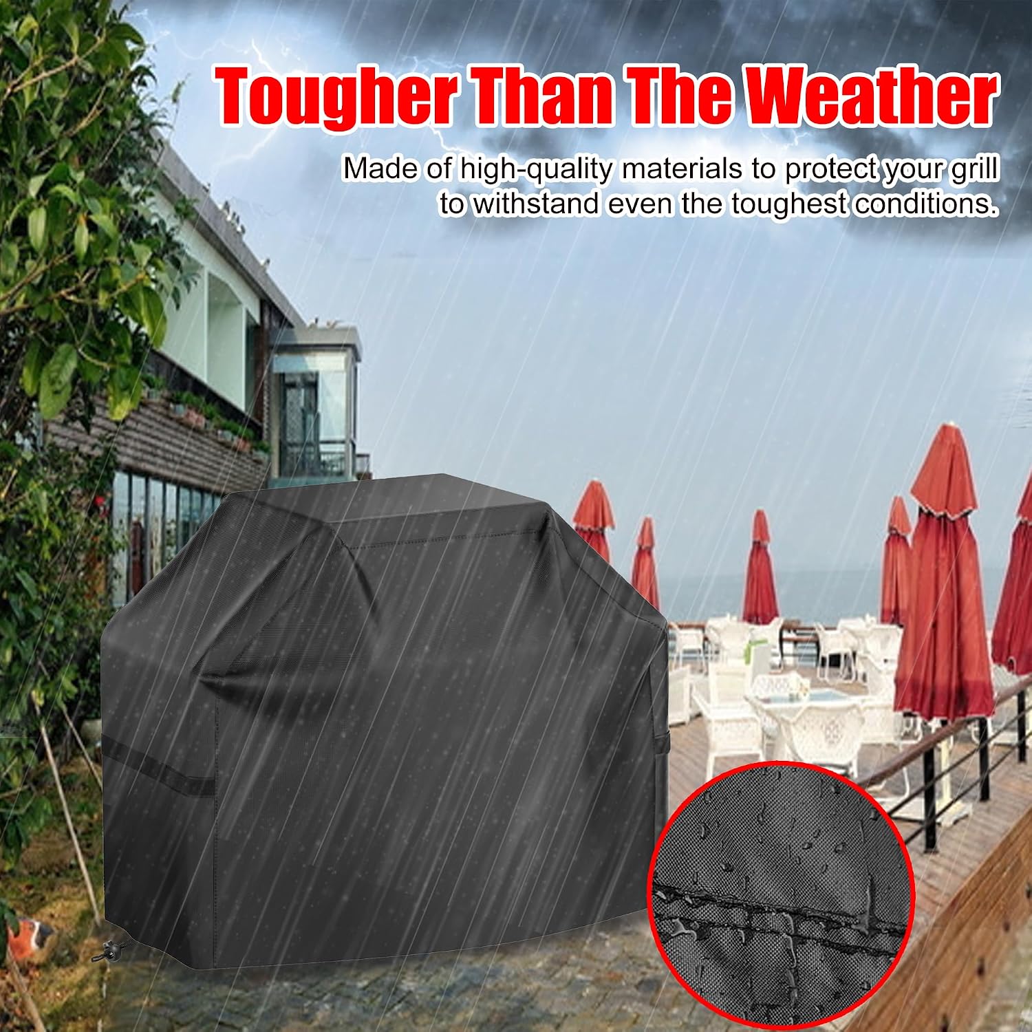 BBQ Grill Cover, Waterproof, Weather Resistant, Rip-Proof, Anti-UV, Fade Resistant, with Hook-and-Loop Straps, Gas Grill Cover for Most Grills, 48 inch, Black