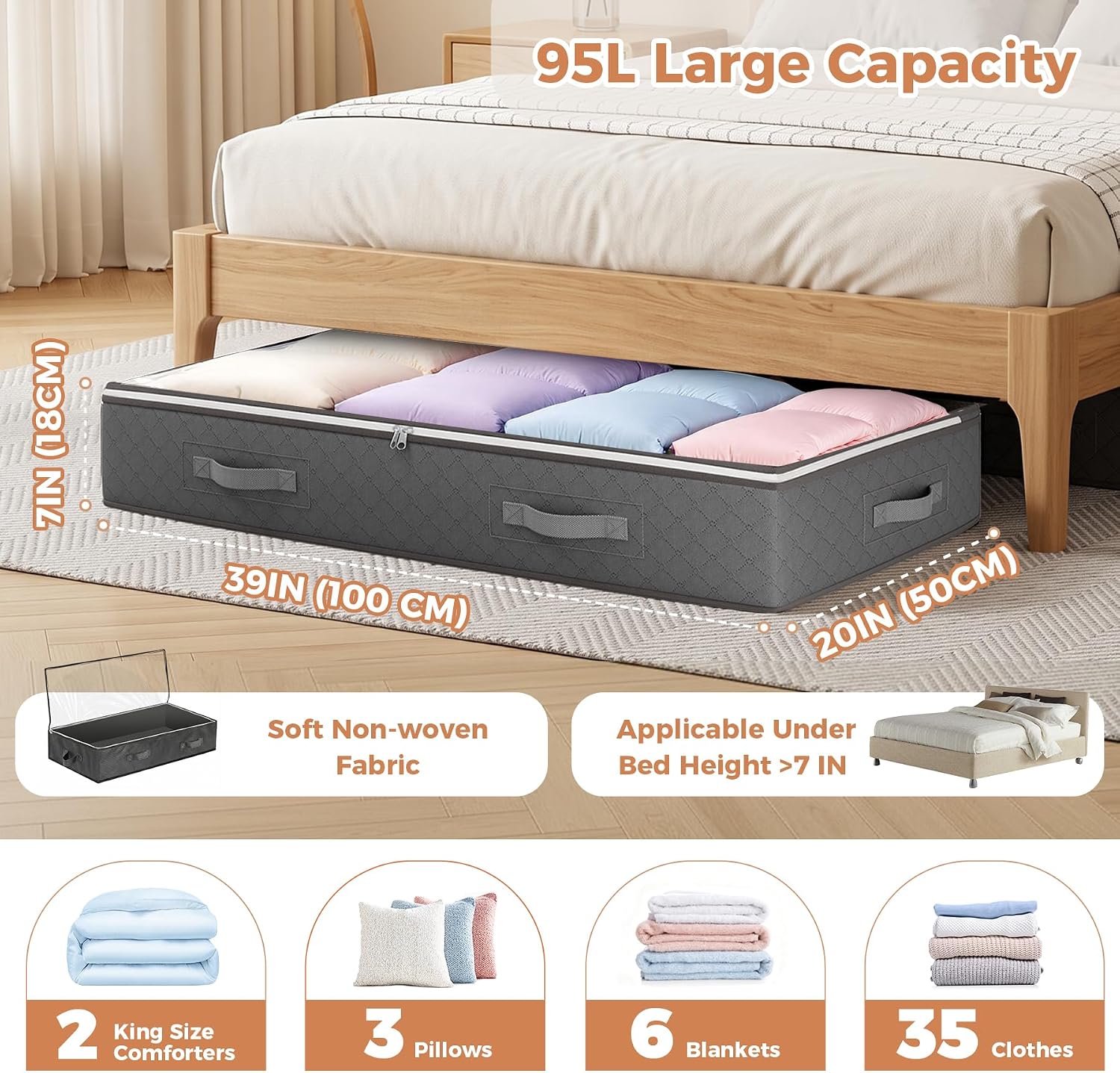 Budding Joy 95L Under Bed Storage Containers, 4 Pack Closet Organizers Grey