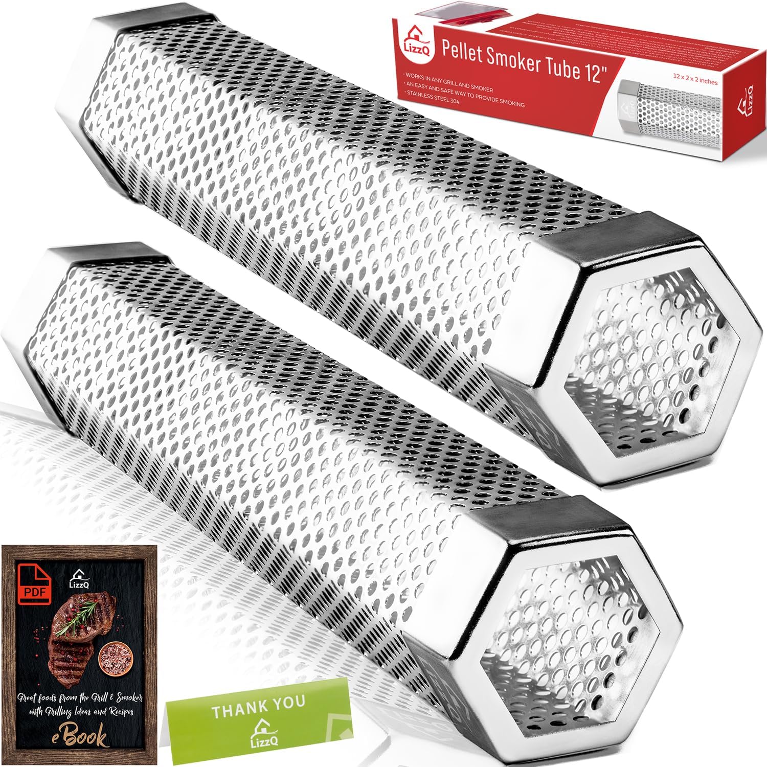 LIZZQ Premium Pellet Smoker Tube 12" (Set of 2) 5 Hours of Billowing Smoke