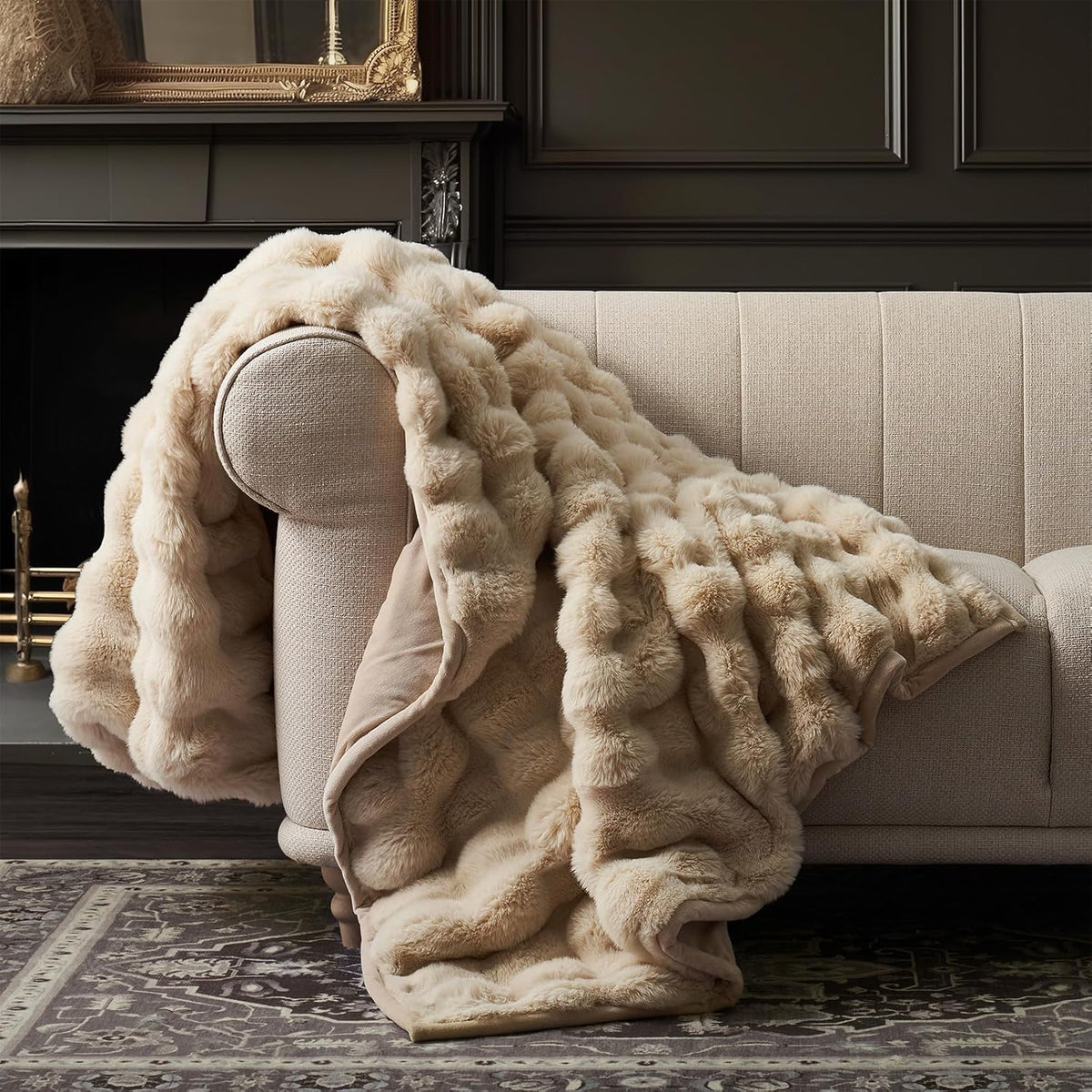 EverGrace Faux Rabbit Fur Bubble Throw Blanket, 60"x80", Cream