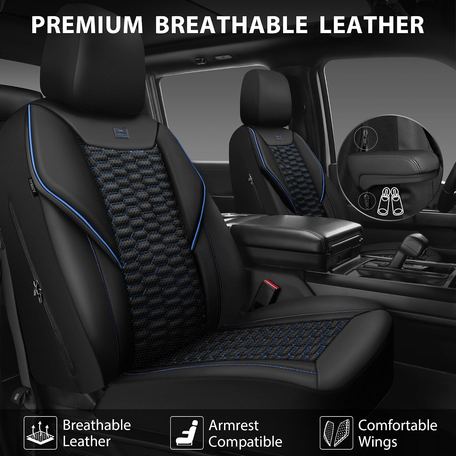 CAR PASS 3D Foam PU Leather Car Seat Covers Full Set,Luxury Breathable Faux Leather Seat Covers for Car,Anti Slip Universal Fit for SUVs Vans Sedan Truck Auto,Armrest Airbag Compatible,Black and Blue