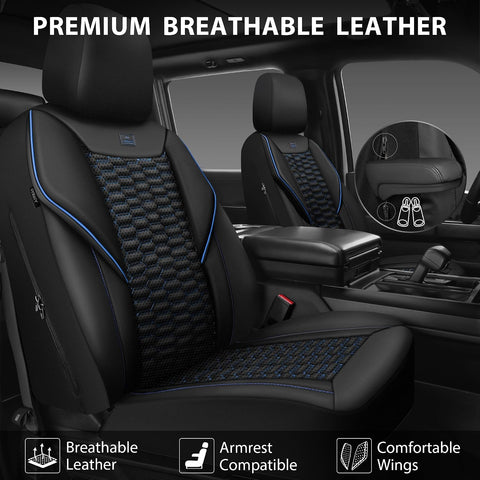 CAR PASS 3D Foam PU Leather Car Seat Covers Full Set,Luxury Breathable Faux Leather Seat Covers for Car,Anti Slip Universal Fit for SUVs Vans Sedan Truck Auto,Armrest Airbag Compatible,Black and Blue