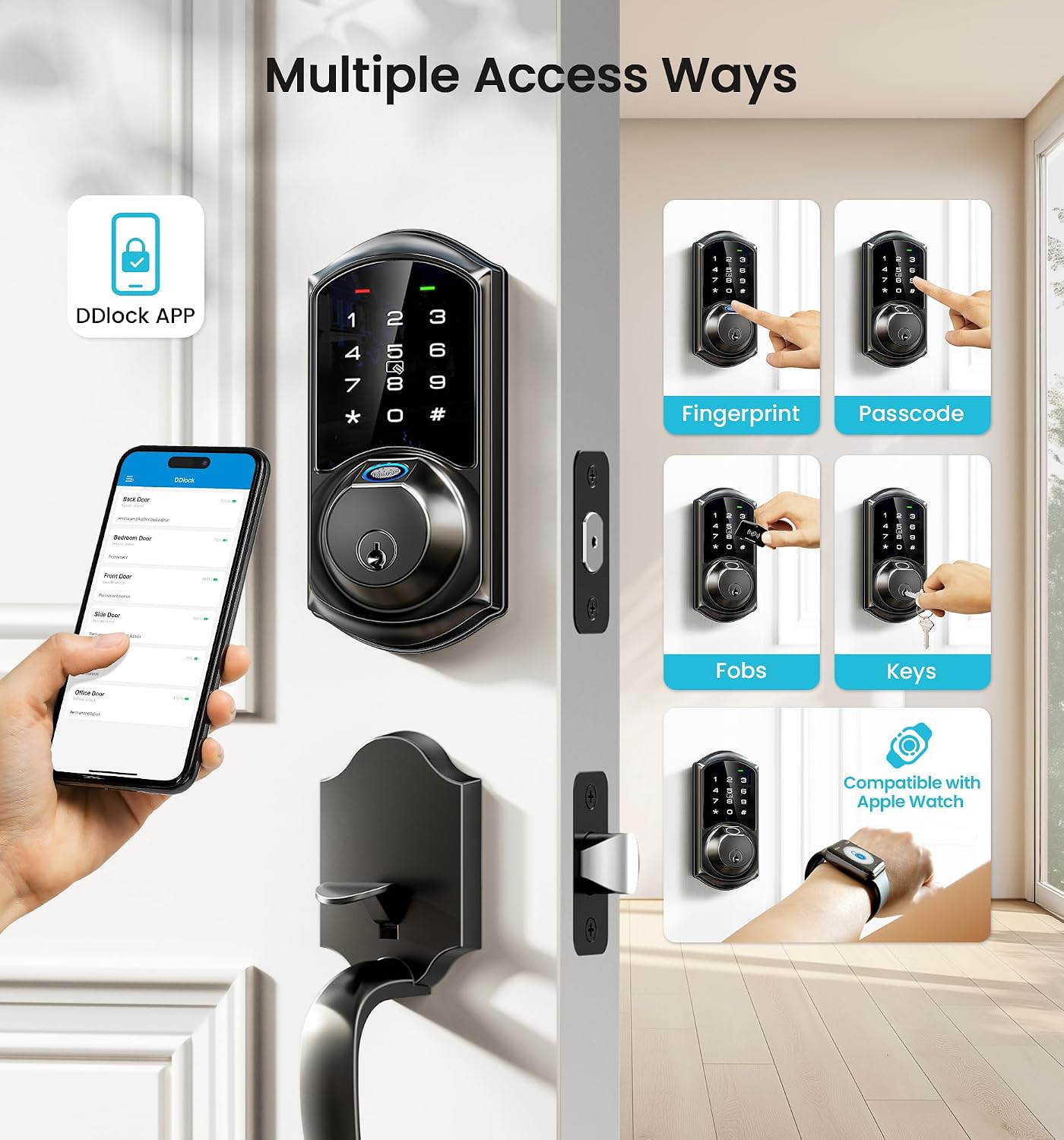 Veise VE07 Fingerprint Smart Deadbolt Lock, App Control, Fobs, Matte Black