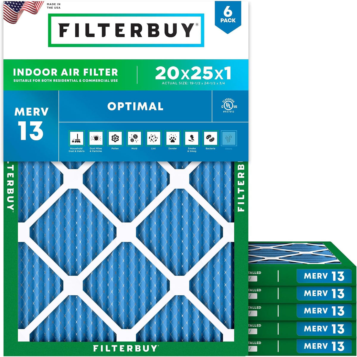 Filterbuy 20x25x1 Air Filter MERV 13 Smoke & Allergy Defense (6-Pack)