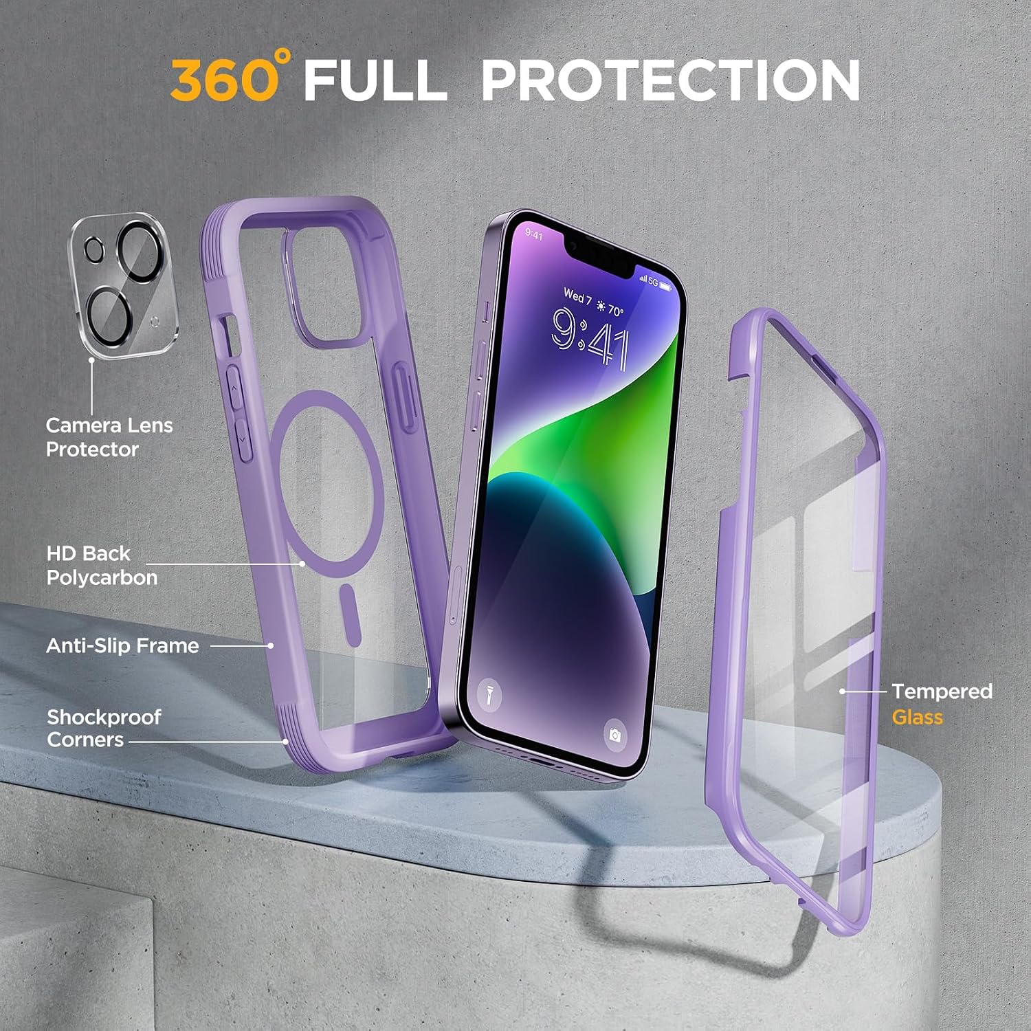Miracase for iPhone 14 Case,Full-Body Bumper &Glass Screen Protector,Purple
