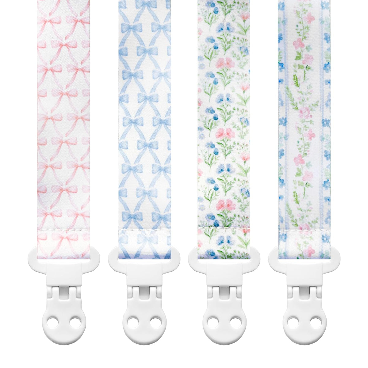 Stadela Baby Pacifier Clip Holder - Girl 4 Pack Gift Set – Vintage Floral Bows Ribbons Flowers French Blue Pink